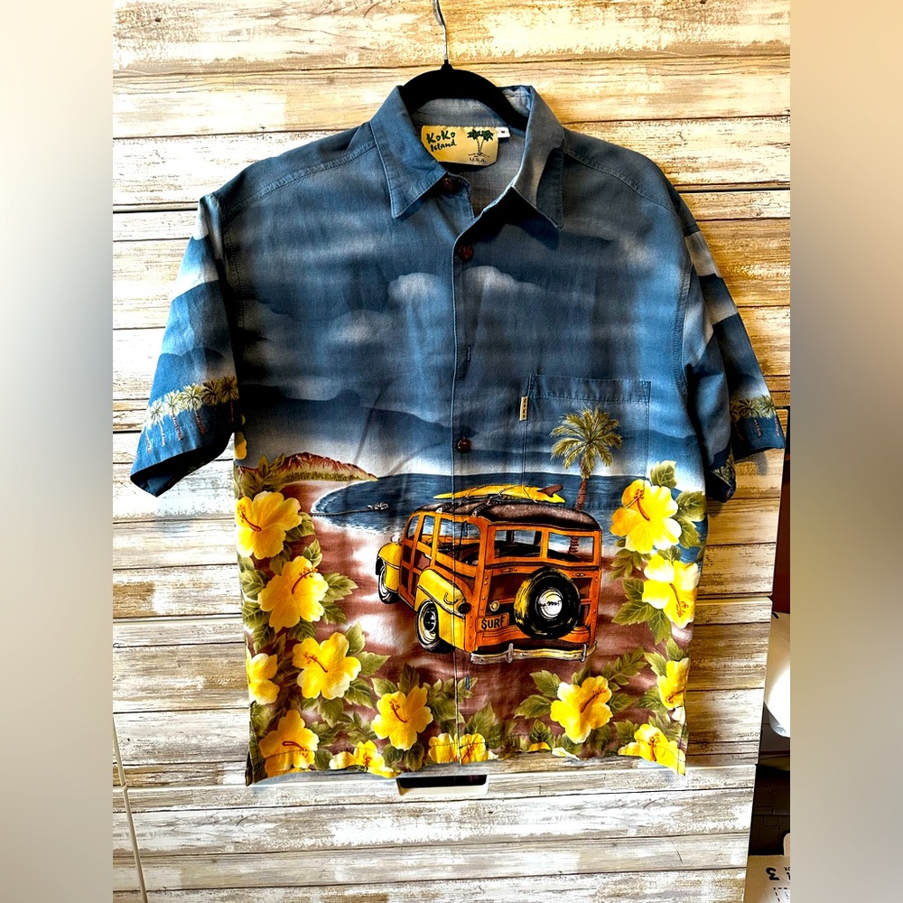 🌺 Koko Island Hawaiian Surf Woody Car Button Down Shirt Men’s Medium